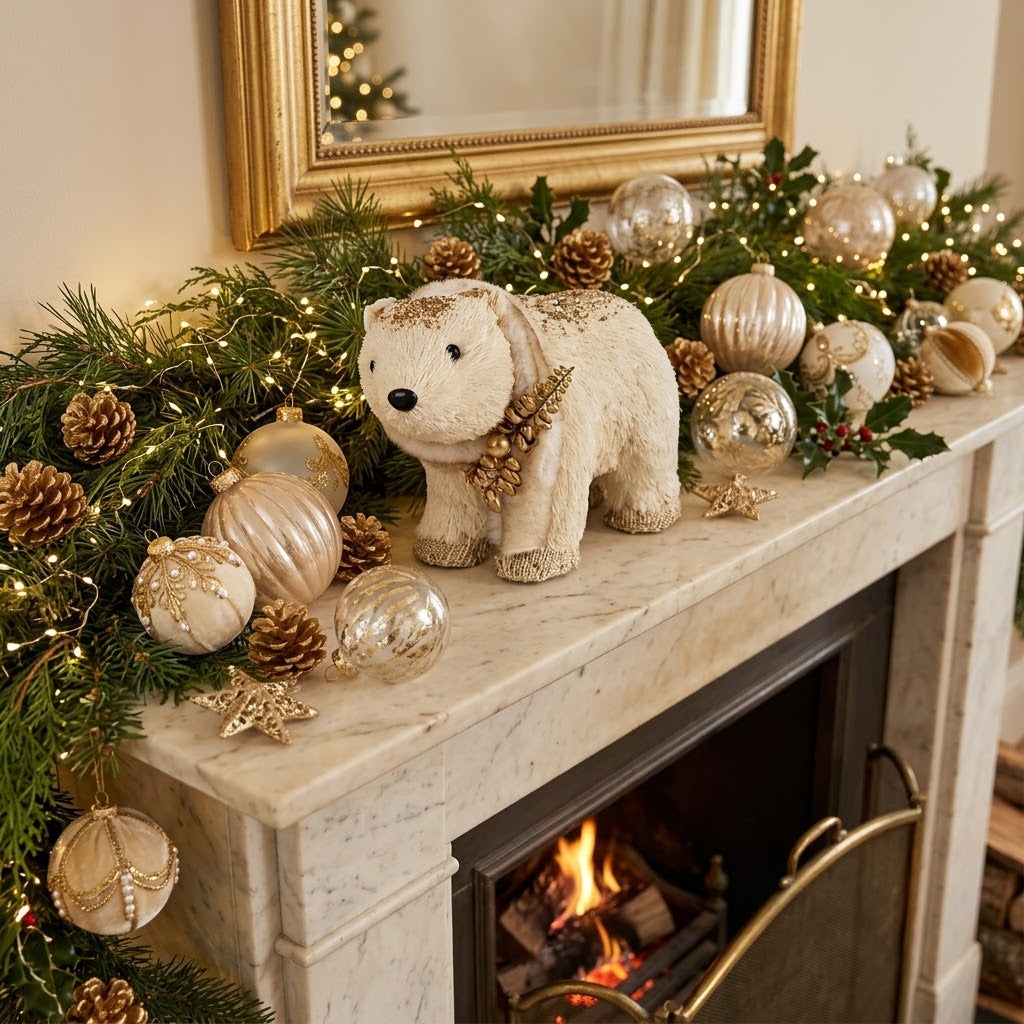 Oso Polar Artesanal Navideño con Detalles Dorados y Textura Natural