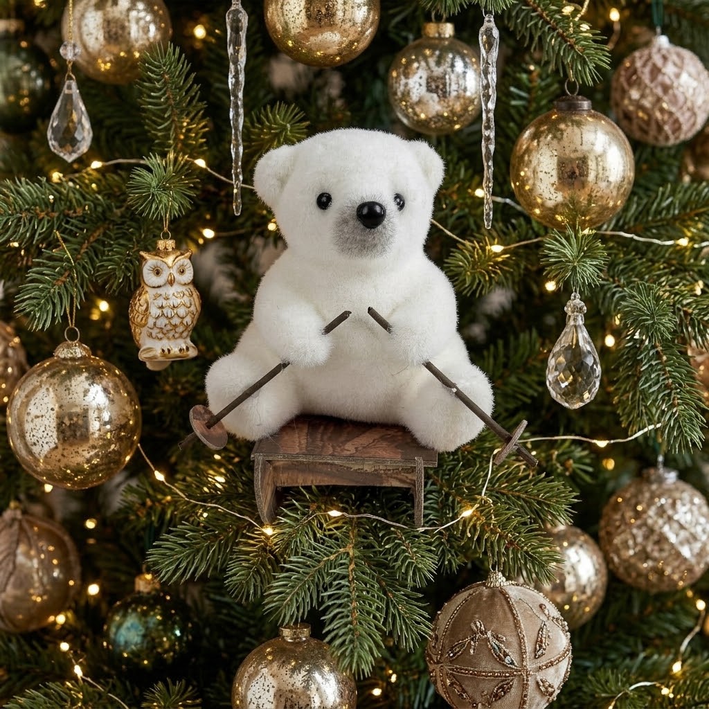 Adorno de Oso Polar Esquiador en Trineo de Madera