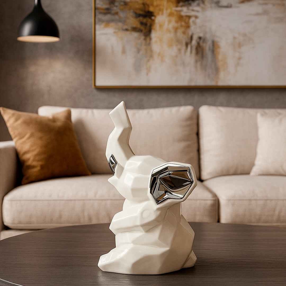FIGURA ELEFANTE DECORATIVO BLANCO PLATEADO