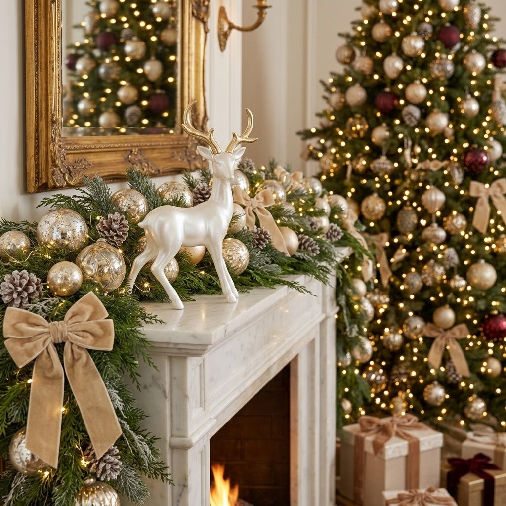 Reno Navideño Nacarado con Astas Doradas de Pie – Figuras Decorativas Elegantes