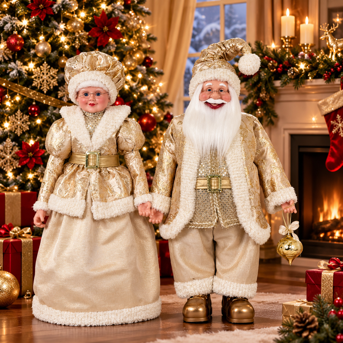 Pareja Navideña de Lujo Santa Claus y Señora Claus en Elegante Dorado y Marfil