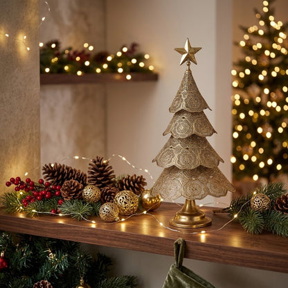 Árbol Navideño Dorado en Filigrana de Metal con Estrella