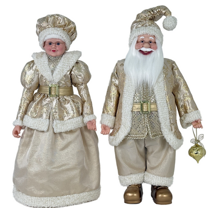 Pareja Navideña de Lujo Santa Claus y Señora Claus en Elegante Dorado y Marfil