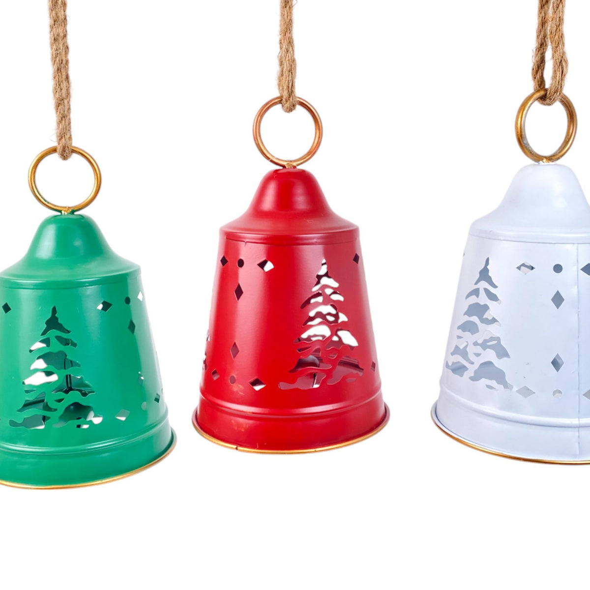 Set de Campanas Navideñas Colgantes de Metal con Calado de Pino