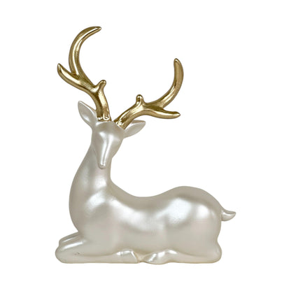 Reno Navideño Nacarado con Astas Doradas Sentado – Figuras Decorativas Elegantes