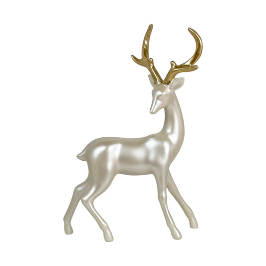 Reno Navideño Nacarado con Astas Doradas de Pie – Figuras Decorativas Elegantes