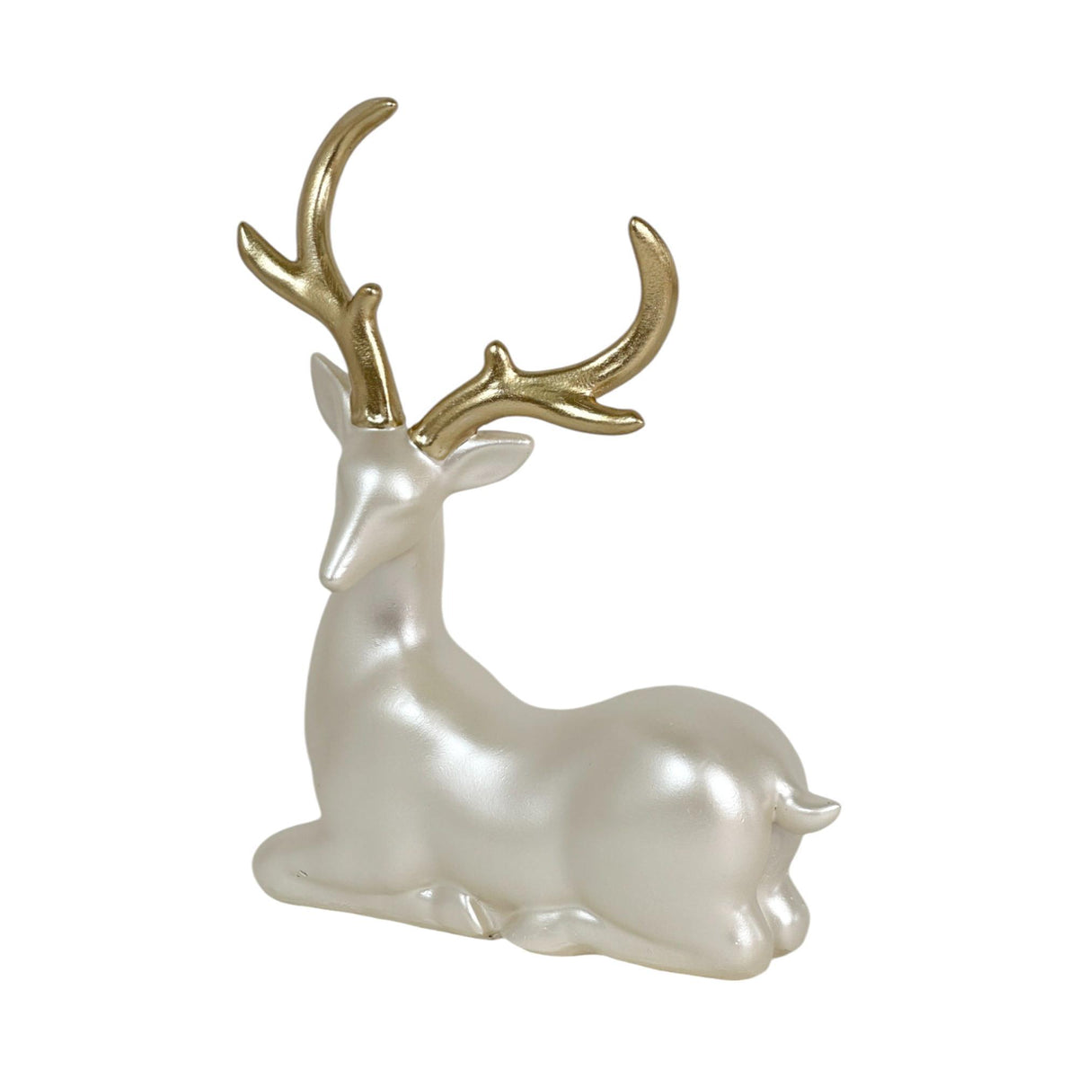 Reno Navideño Nacarado con Astas Doradas Sentado – Figuras Decorativas Elegantes