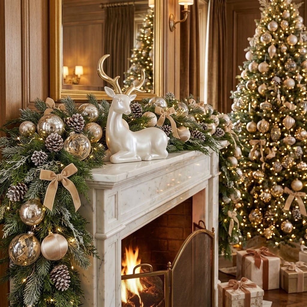 Reno Navideño Nacarado con Astas Doradas Sentado – Figuras Decorativas Elegantes