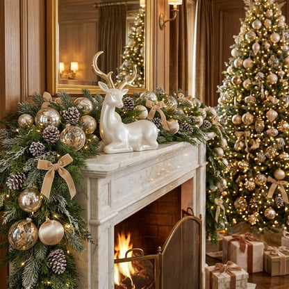 Reno Navideño Nacarado con Astas Doradas Sentado – Figuras Decorativas Elegantes