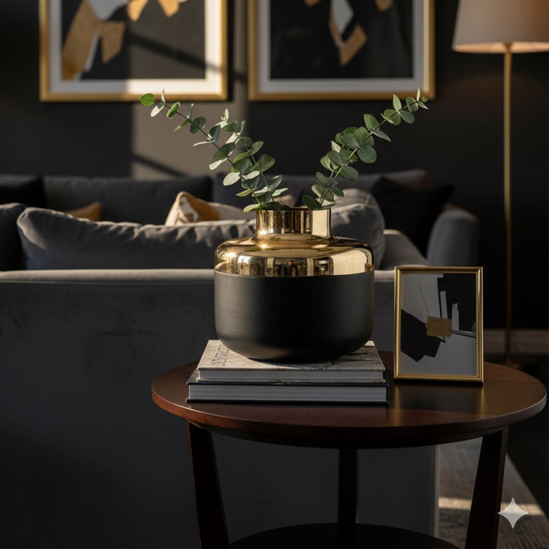 FLORERO MODERNO NEGRO Y DORADO EN CERÁMICA