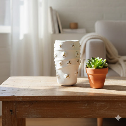 JARRÓN DECORATIVO BLANCO CON DETALLES DORADOS