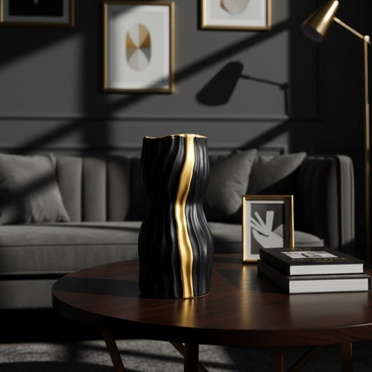 JARRÓN DECORATIVO NEGRO CON DETALLES DORADOS EN CERÁMICA