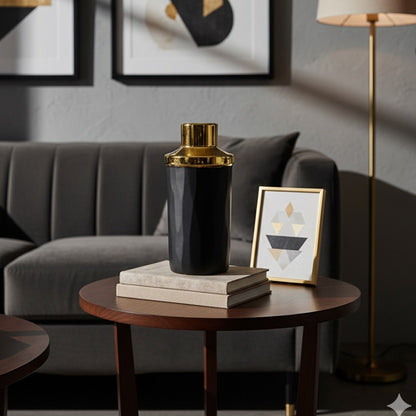 JARRÓN DE DISEÑO CONTEMPORANEO EN NEGRO Y DORADO