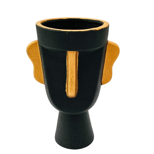 FLORERO ESCULTURA ÉTNICA EN NEGRO Y DORADO