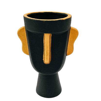 FLORERO ESCULTURA ÉTNICA EN NEGRO Y DORADO