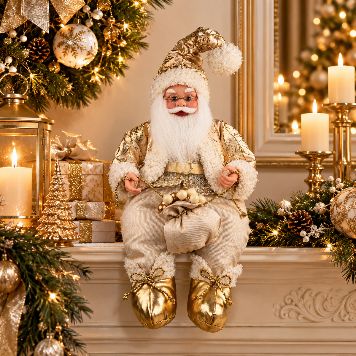 Papá Noel Sentado de Lujo en Dorado y Marfil